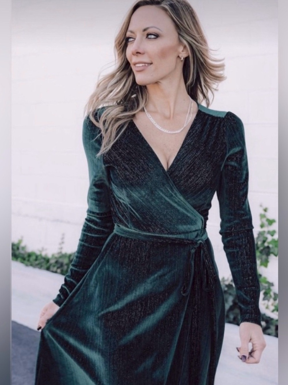 EUC Baltic Born Serena Shimmer Velvet Wrap Maxi Dress Metallic Forest Green - Picture 2 of 14